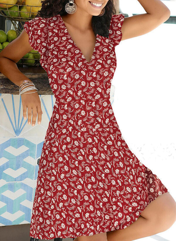Glamorous A-line V-neck Short Sleeve Polyester Ditsy Floral Print Short Summer Dress