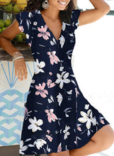 Load image into Gallery viewer, Glamorous A-line V-neck Short Sleeve Polyester Ditsy Floral Print Short Summer Dress
