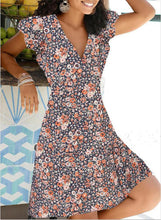 Load image into Gallery viewer, Glamorous A-line V-neck Short Sleeve Polyester Ditsy Floral Print Short Summer Dress
