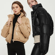 Charger l&#39;image dans la galerie, Women Fashion Black PU Elegant Winter Thick Warm Short Puffer Jacket
