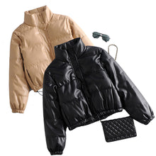 Load image into Gallery viewer, Women Fashion Black PU Elegant Winter Thick Warm Short Puffer Jacket

