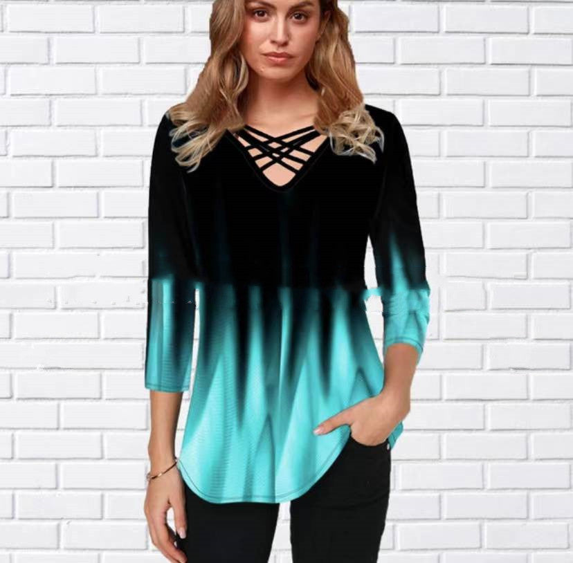 Gradient Print Fashion Casual Middle Sleeve V-neck T-shirt