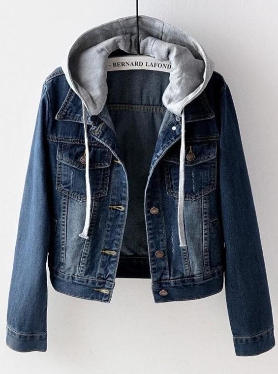 Fashion Denim Solid Color Hooded Long Sleeve Jacket for Women