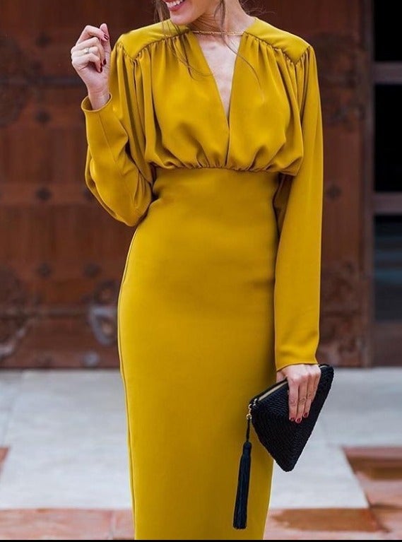Sexy V Neck Solid Color Knee-length Long Sleeve Dress