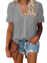 Load image into Gallery viewer, V-neck Lace Stitching Pleated Short-sleeved Chiffon Shirt
