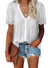 Load image into Gallery viewer, V-neck Lace Stitching Pleated Short-sleeved Chiffon Shirt
