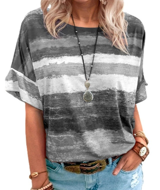 Gradient Contrast Striped Round Neck Short-sleeved T-shirt