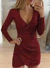 Load image into Gallery viewer, Elegant V-neck Long Sleeve Plain Polyester Short Dress
