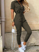 Load image into Gallery viewer, Polyester Striped Shirt Collar Regular Tie Front Casual Loose Long Jumpsuit
