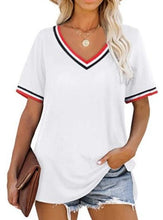 Load image into Gallery viewer, Striped Stitching Color Matching Short Sleeved V Neck T Shirt Women
