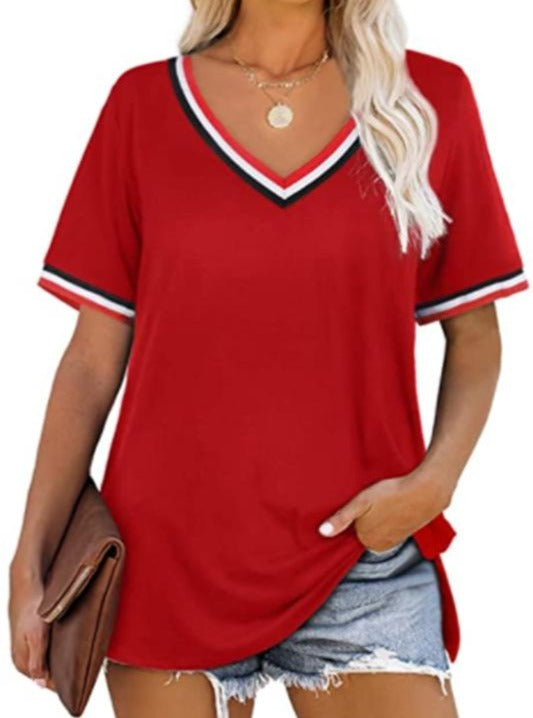 Striped Stitching Color Matching Short Sleeved V Neck T Shirt Women