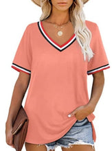 Load image into Gallery viewer, Striped Stitching Color Matching Short Sleeved V Neck T Shirt Women
