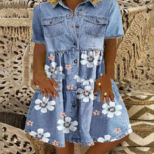 Load image into Gallery viewer, New Stitching Loose Lapel Single Breasted Imitation Denim Shirt Printed Dress
