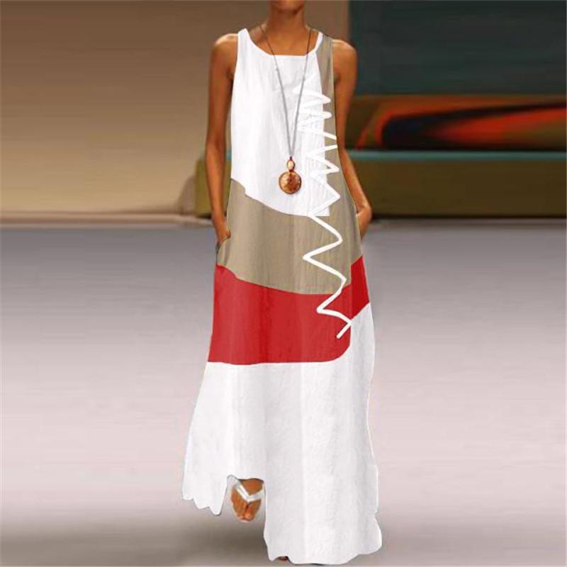 Vintage Polyester Round Neck Sleeveless Color Block Pockets Maxi Summer Dress