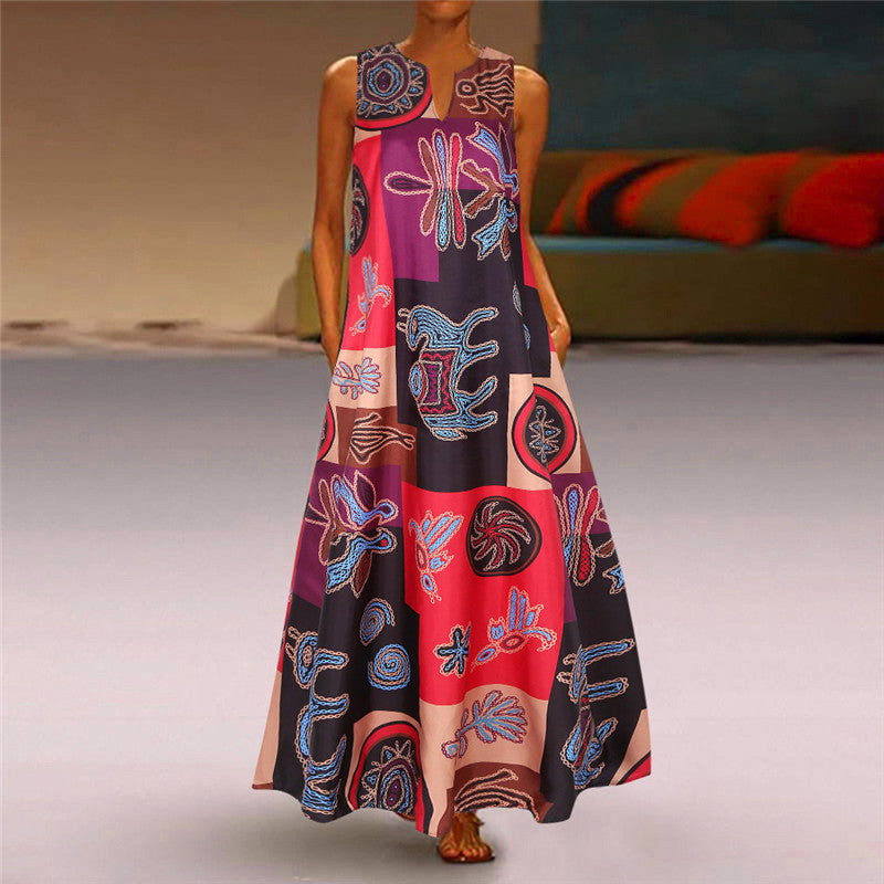 Flowy Notched Sleeveless Acrylic Printed Pockets Long Beach Dress