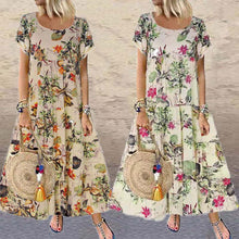 Load image into Gallery viewer, Stand-alone Retro Cotton And Linen Floral Print Short-sleeved Round Neck Dress
