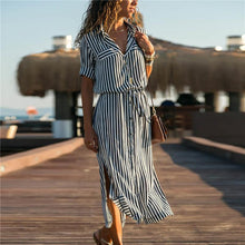 Load image into Gallery viewer, Stripe Shirt Chiffon V-neck Sexy Long Sleeve Maxi Dresses
