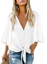 Load image into Gallery viewer, Modern Polyester Plain V-neck 3/4 Sleeve Tie Front Blouse
