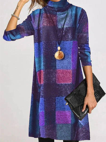 Cashmere Polished Plaid Dress With High Neck And Long Sleeves