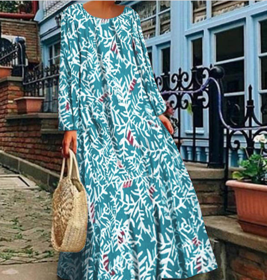 Casual A-line V-neck Long Sleeve Floral Print Maxi Summer Dress