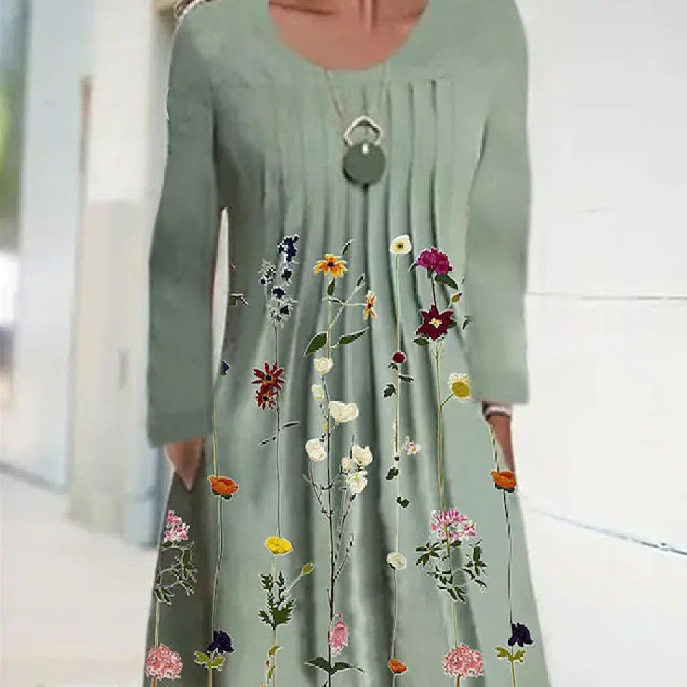 Women's Printed Round Neck Pullover Midi Dress