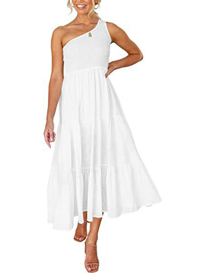 Women's Solid Printed Boho One Shoulder Sleeveless Dress