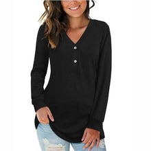 Load image into Gallery viewer, V-neck Button Print Stitching Long-sleeved T-shirt

