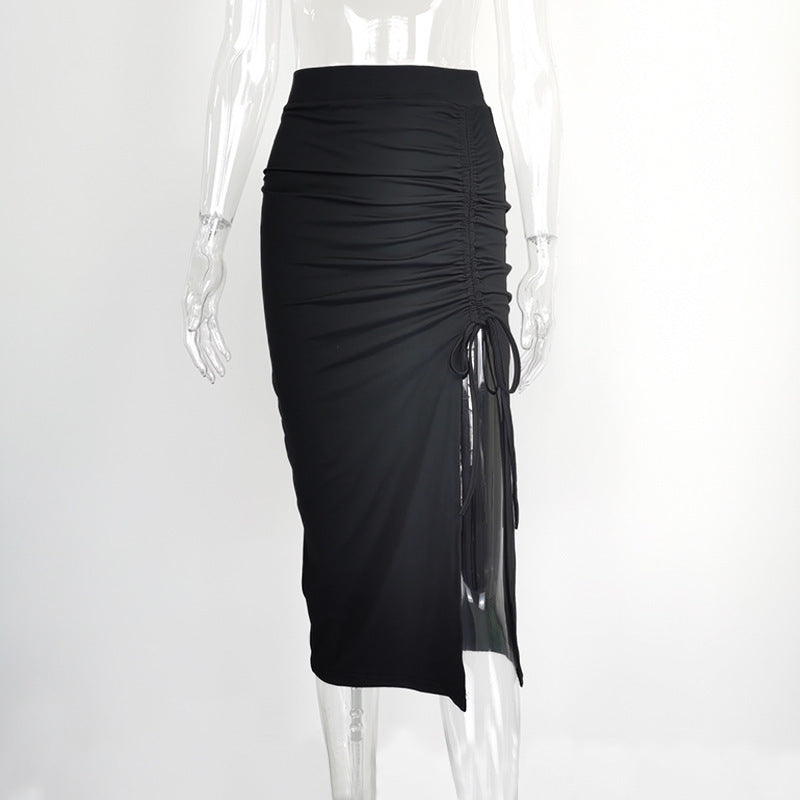 European And American Women's High Waist Slit Pleated Skirt