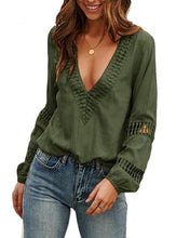Load image into Gallery viewer, Beach Polyester Plain V-neck Long Sleeve Hollow Out Blouse
