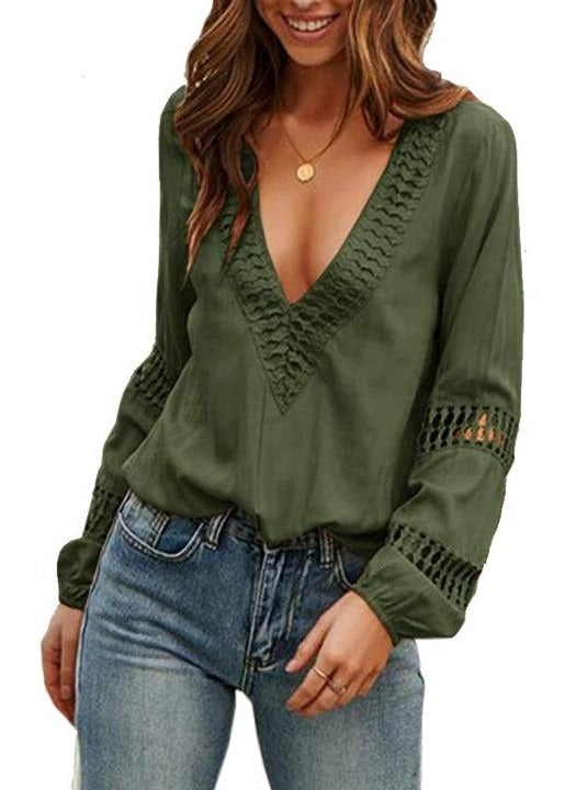 Beach Polyester Plain V-neck Long Sleeve Hollow Out Blouse
