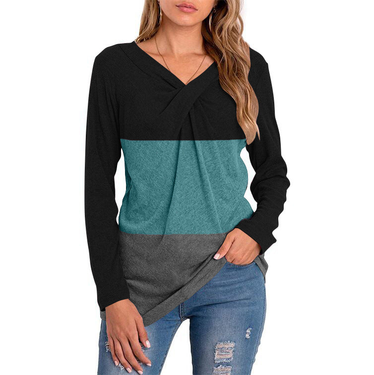 Women's New V-neck Long-sleeved Stitching T-shirt Top