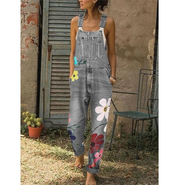 Women's Casual Floral Overall Jeans Slim Pants Comfy Trousers Washed Denim Jumpsuits