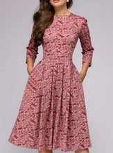 Load image into Gallery viewer, Vintage Round Neck Three Quater Sleeve Printed Knee-Length Long Sleeve Dress
