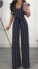 Load image into Gallery viewer, Ruffle Sleeve Striped V-neck Belt Jumpsuit
