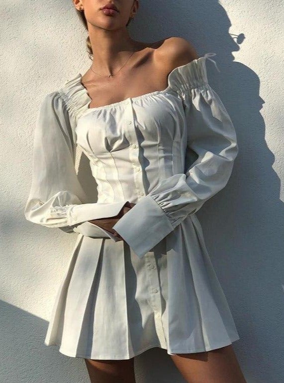 Elegant Square Neck Long Sleeve White Cotton Short Bodycon Dress