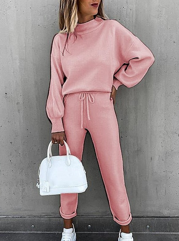 Casual Polyester Fiber Solid Color High Neck Long Sleeve Top & Ankle Length Pant Suits