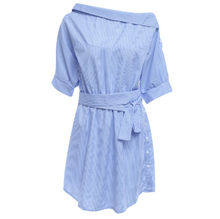 Charger l&#39;image dans la galerie, &lt;transcy&gt;Robe chemise sexy à manches longues et à rayures bleues pour femmes&lt;/transcy&gt;
