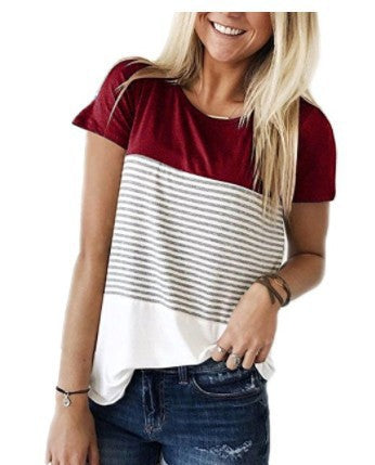Cotton Striped Round Neck Regular Patchwork Casual Loose Standard T Shirt