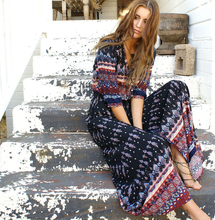 Load image into Gallery viewer, Shirt V-neck 3/4 Sleeve Polyester Printed Button Summer Beach Boho Maxi Dress
