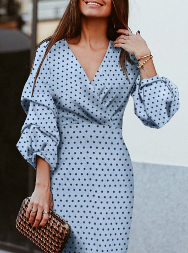 Polka Dot Printing Fashion V-neck Professional Dress Women