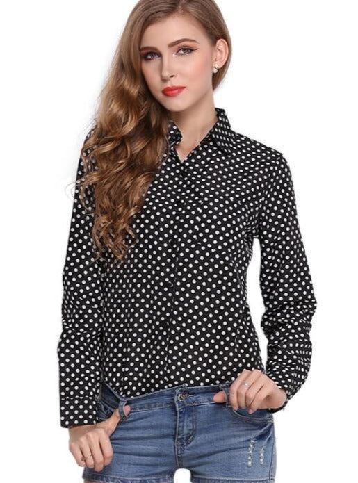 Modern Chiffon Polka Dot V-neck Buttons Long Sleeve Shirt