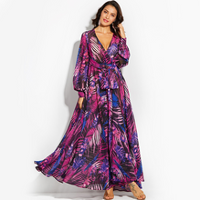 Load image into Gallery viewer, Bohemian A-line Deep V Neck Long Sleeve Polyester Plants Pattern Ankle Length Boho Dresses
