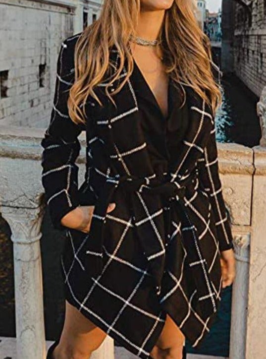 Mid-length Lace-up Check Suit Collar Woolen Coat