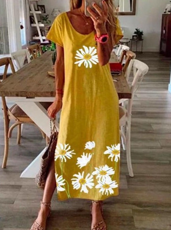 Casual Straight Scoop Neck Short Sleeve Polyester Floral Split Maxi Summer Dress