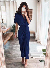 Load image into Gallery viewer, Modest Shirt Deep V Neck Short Sleeve Polyester Solid Color Sash Long Summer Dress
