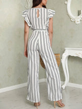 Load image into Gallery viewer, Ruffle Sleeve Striped V-neck Belt Jumpsuit
