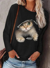 Load image into Gallery viewer, Women&#39;s Fashion Round Neck Pullover Long Sleeve Cat Print T-Shirt
