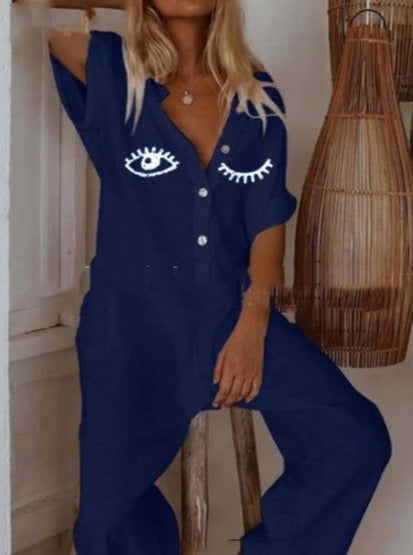 Summer New Style Ladies Casual Cotton And Linen Eye Print Jumpsuit