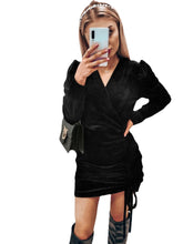 Load image into Gallery viewer, Puff Sleeve V Neck  Slim Pull Rope Wrap Hip Dress

