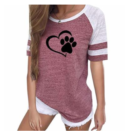 Ladies dog paw print striped short sleeve t-shirt
